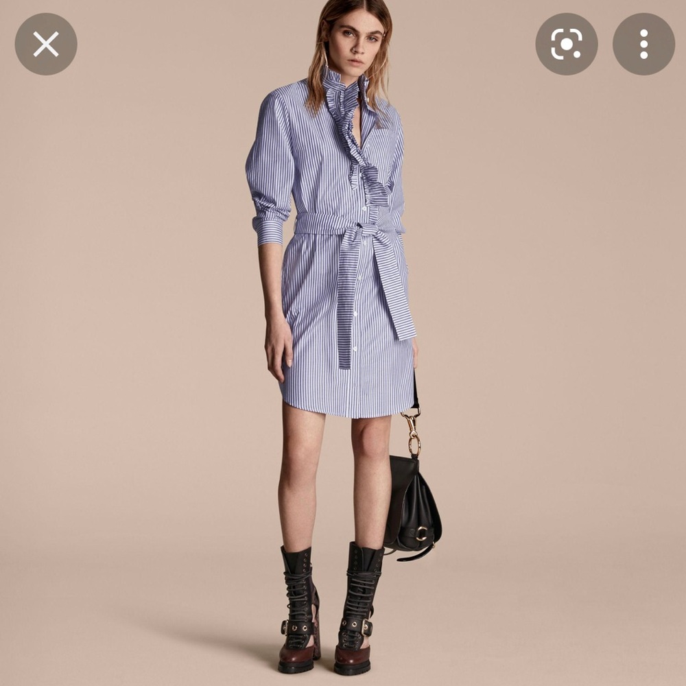 Burberry Runway White with Blue Stripe Ruffle Shirt Dress Size 0